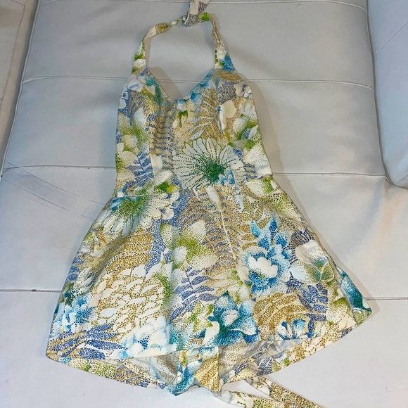 Vintage white floral cotton 50s 60s onepiece swimsuit dress